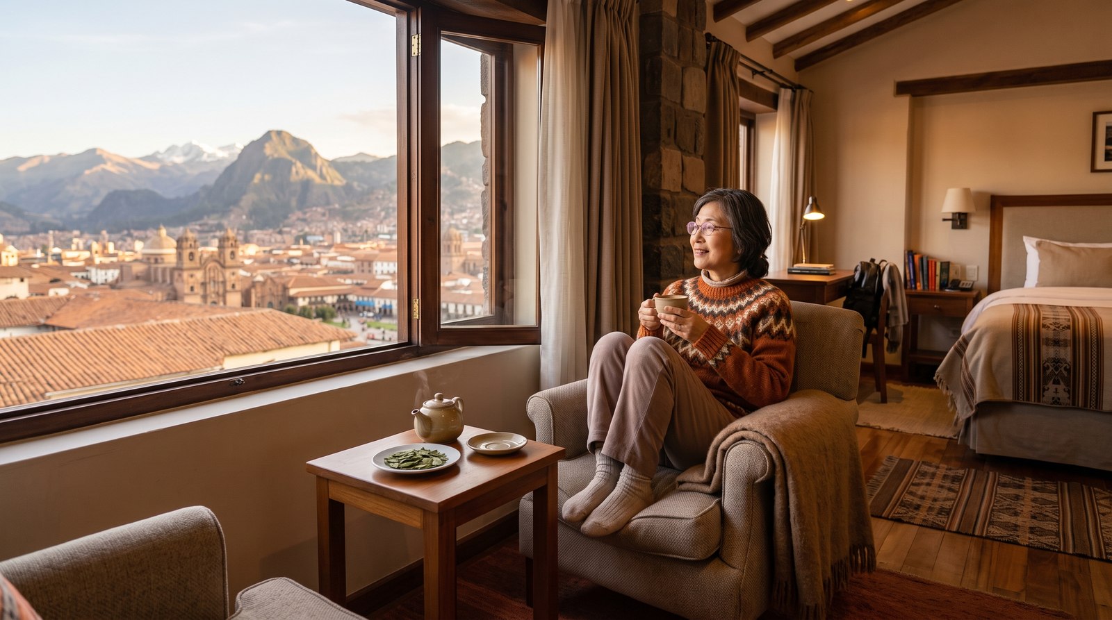 クスコのホテルの窓辺でコカ茶を飲みながらくつろぐ旅行者