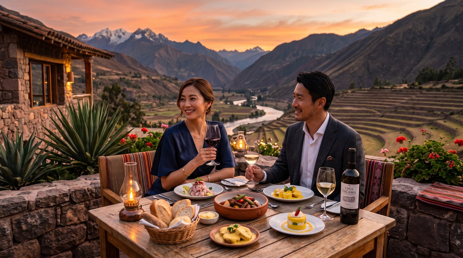 聖なる谷を望むテラスレストランで夕食を楽しむ夫婦
